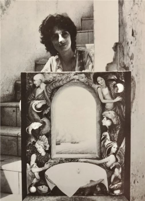 Dolores Chiappone in Mexico c. 1968 with her painting Party in the Walls